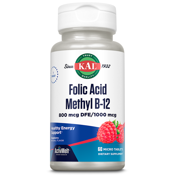 KAL Folic Acid Methyl B12 Supplement, Energy, Metabolism and Heart Health Support, w/ Folate 800 mcg and Methylcobalamin B12 1000 mcg, Vegetarian, Natural Raspberry ActivMelts, 60 Serv, 60 Micro Tabs