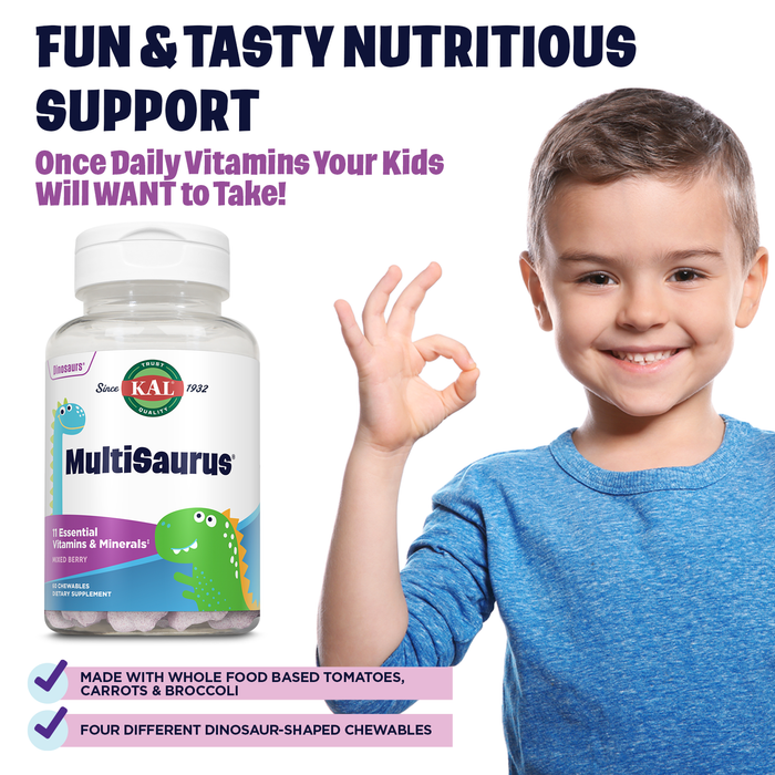 KAL MultiSaurus Kids Chewable Multivitamins, 11 Essential Vitamins and Minerals for Kids, Mixed Berry Flavor, Gluten and Preservative Free, 60 Servings, 60 Dinosaur-Shaped Chewables