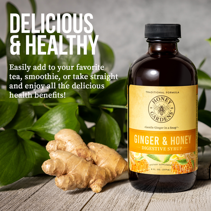 Honey Gardens Ginger and Honey Syrup with Organic Apple Cider Vinegar and Propolis - Ginger Root and Ginger Root Extract - Apitherapy Digestive Support Supplement - 8 FL OZ, 48 Servings