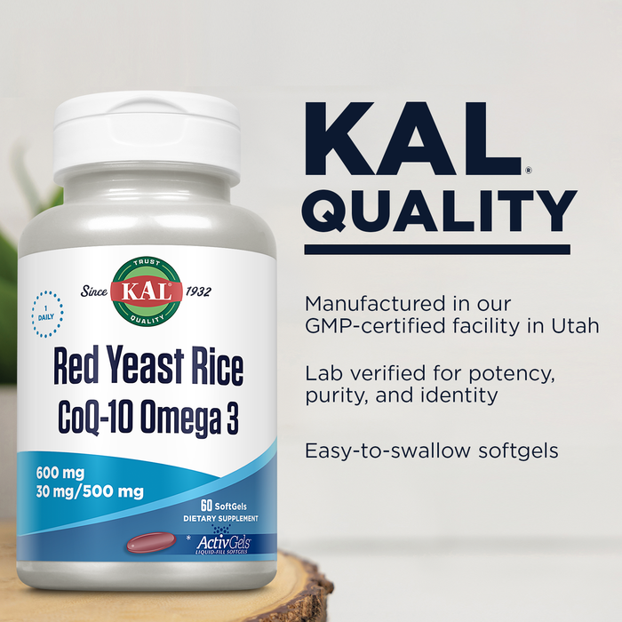 KAL Red Yeast Rice CoQ10 Omega 3 Supplement, Heart Health and Circulation Support, with Red Yeast Rice 600mg, CoQ10 30mg, Plus 500mg Omega 3 Fish Oil, 60-Day Guarantee, 60 Servings, 60 Softgels