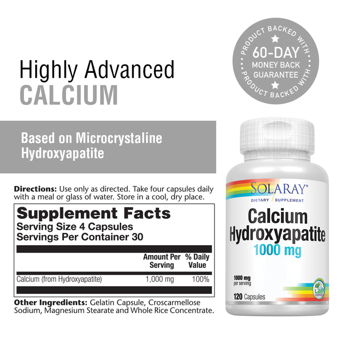 Solaray Calcium Hydroxyapatite 1000mg | Highly Advanced Calcium Supplement to Help Support Healthy Bones & Teeth, Nerve & Muscle Function | 120 Caps