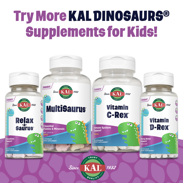 KAL Relax-a-Saurus, Stress Support Supplement for Kids, L-Theanine for Children with Herbal Stress Relief & Relaxation & Blend, Delicious Natural Grape Flavor, 60-Day Guarantee, 30 Chewables Pack of 3