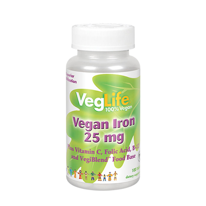 VegLife Vegan Iron 25 mg | Plus Vitamin C, Folic Acid, B-12 and VegiBlend Food Base | Plant Based Iron Supplement for Women & Men