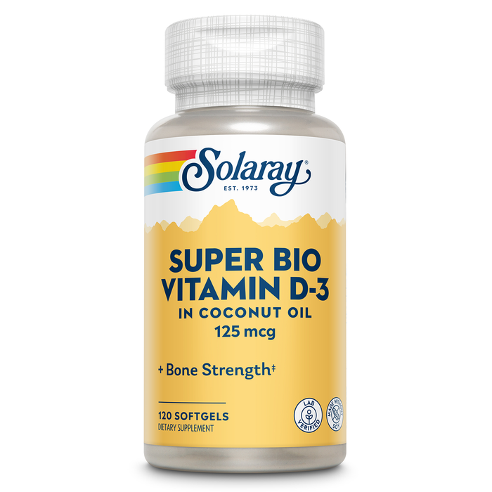 Solaray Super Bio Vitamin D3 in Coconut Oil - D3 Vitamin 5000 IU - Bone Health and Immune Support Supplement - Lab Verified, Made Wtihout Soy, 60-Day Guarantee - 120 Softgels, 120 Servings