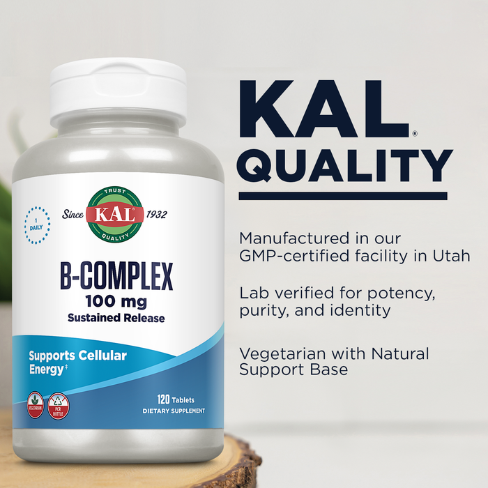 KAL B-100 Complex - Sustained Release Vitamin B Complex - Healthy Energy Support with Natural Support Base and Fresh Minty Coating - Vegetarian - 60 Day Guarantee - 120 Servings, 120 Tablets