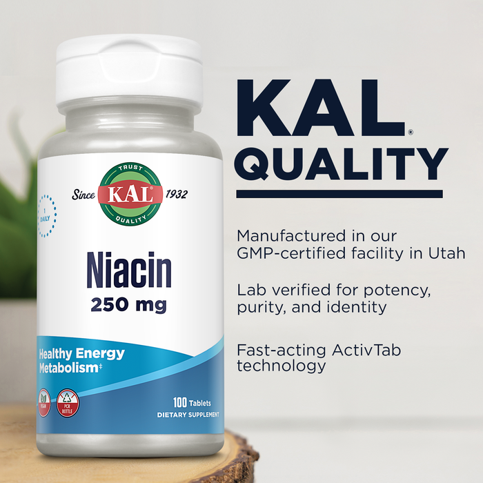 KAL Niacin 250 mg, Vitamin B3 Supplement, Metabolism and Healthy Energy Support, Skin, Nerve, Digestive Health and Circulation Support, Vegan Vitamin, 60-Day Guarantee, 100 Servings, 100 Tablets