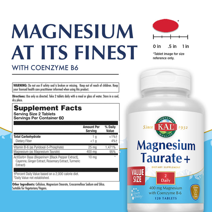 KAL Magnesium Taurate Plus 400mg w/ Coenzyme B6 | Highly Bioavailable, Chelated, Vegan (120 CT)