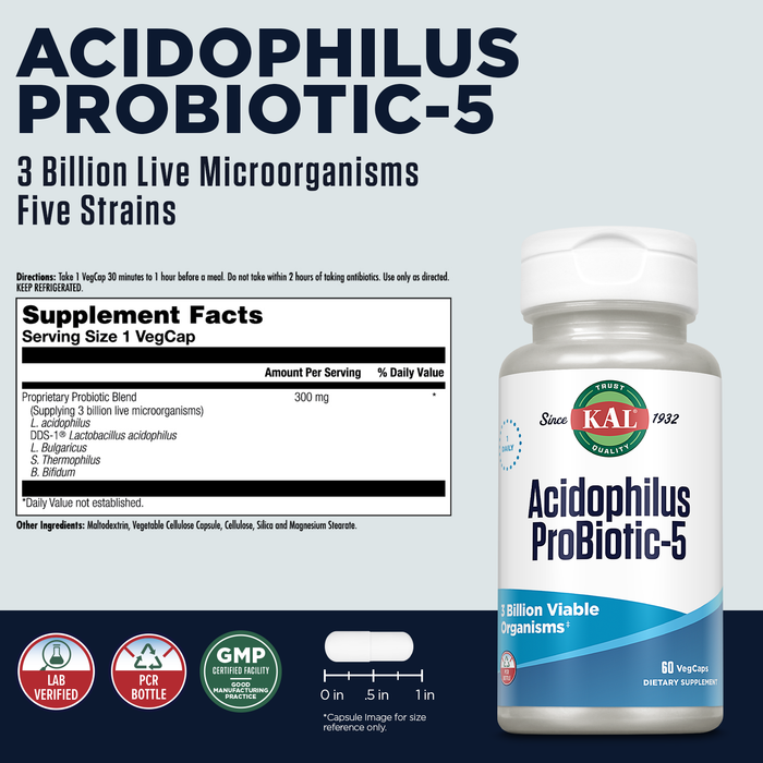 KAL Acidophilus ProBiotic 5, 3 Billion CFUs, Live Culture Probiotics for Women and Men, Five Probiotic Strains for Gut Health Support, Freeze Dried, 60-Day Guarantee, 100 Servings, 100 VegCaps