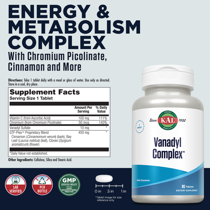 KAL Vanadyl Complex with Vanadyl Sulfate 10mg, Energy and Metabolism Supplement, with Chromium Picolinate, Vitamin C, Cinnamon and Clove, Rapid Disintegration Tablets, 60-Day Guarantee, 90 Serv, 90ct