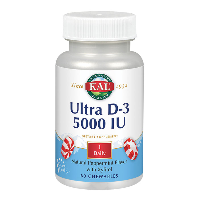 KAL Vitamin D3 5000 IU 125 mcg, High Potency Vitamin D Chewables, Calcium Absorption, Bone Health and Immune Support Supplement, Natural Peppermint Flavor, 60-Day Guarantee, 60 Servings, 60 Chews