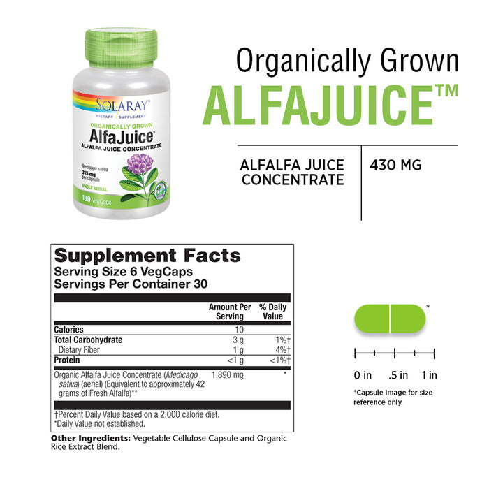 Solaray AlfaJuice 315 mg | Alfalfa Juice Concentrate | Naturally Occurring Vitamins, Minerals, Chlorophyll & More | 180 VegCaps