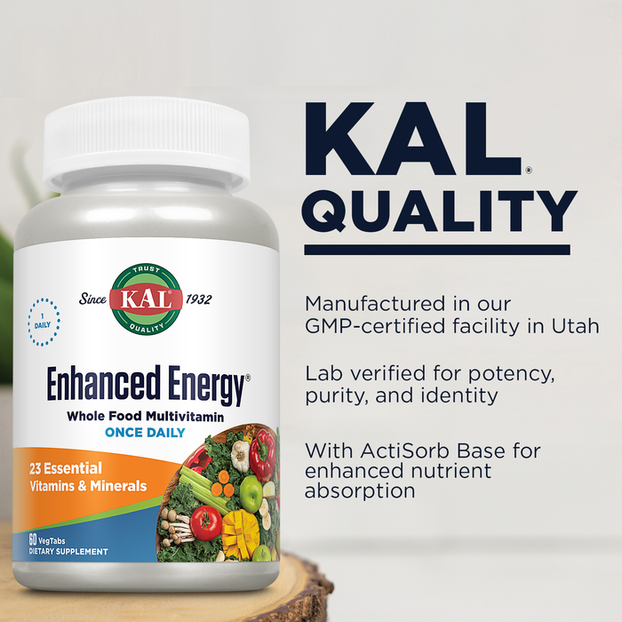 KAL Enhanced Energy Supplements, Once Daily Whole Food Multivitamin with Iron for Women and Men, 23 Essential Vitamins and Minerals, Super Foods, Digestive Enzymes, 60-Day Guarantee, 60 Servings, 60ct