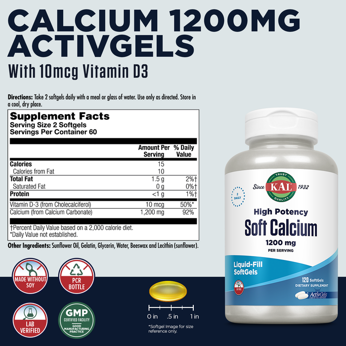 KAL Soft Calcium 1200 mg, High Potency Calcium Supplement with Vitamin D3, Bone Health, Strong Teeth, Immune Support, High Absorption ActivGels, Soy Free, 60-Day Guarantee, 60 Servings 120 Softgels