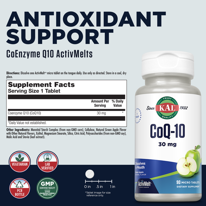 KAL CoQ10 30mg, Antioxidant Formula, CoEnzyme Q10 Supplement for Heart Health and Cellular Energy Support, Fast-Dissolving ActivMelts, Vegetarian, Natural Green Apple Flavor, 90 Serv, 90 Micro Tablets