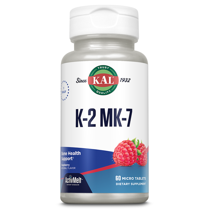 KAL Vitamin K2 MK7 ActivMelt 100 mcg, Vitamin K Supplement as Superior K2 MK7, Bone Health, Heart and Artery Health Support, Natural Raspberry Flavor, Vegan, Gluten Free, 60 Servings, 60 Micro Tablets