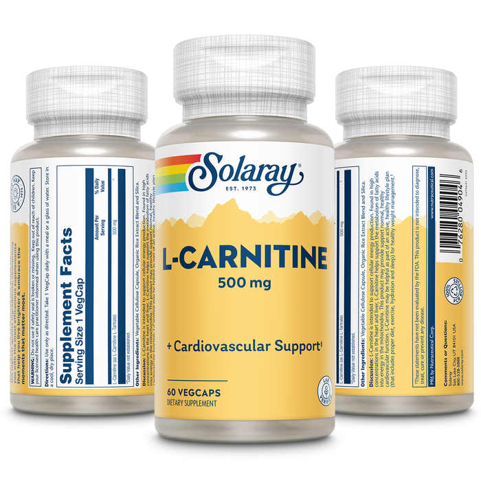 Solaray L-Carnitine 500 mg, Healthy Cardiovascular Support, Free Form Amino Acid, Lab Verified, GMP Facility, 60-Day Money-Back Guarantee, 60 Servings, 60 VegCaps