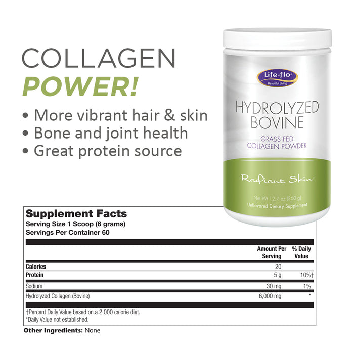 Life-Flo Hydrolyzed Bovine Collagen, Grass Fed | Supports Vibrant Skin & Hair, Bone & Joint Health | 12.7oz, 60 Serv.