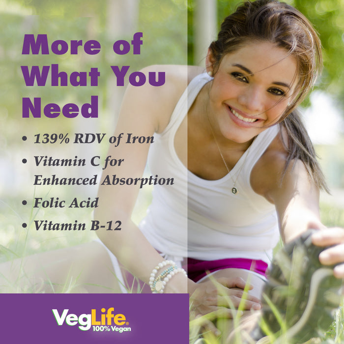 VegLife Vegan Iron 25 mg | Plus Vitamin C, Folic Acid, B-12 and VegiBlend Food Base | Plant Based Iron Supplement for Women & Men