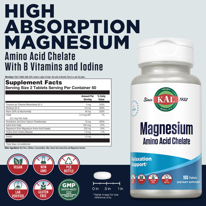 KAL Magnesium Amino Acid Chelate 220mg, Chelated Magnesium Supplement w/ B Vitamins, Relaxation, Bone Strength, Heart Health, Nerve and Muscle Function Support, Vegan, Gluten Free, 50 Serv, 100 Tabs