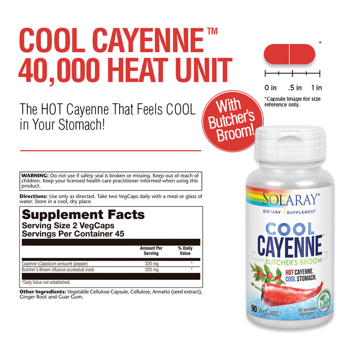 Solaray Cool Cayenne Pepper 40,000 HU with Butchers Broom for Healthy Circulation Support | 90 VegCaps