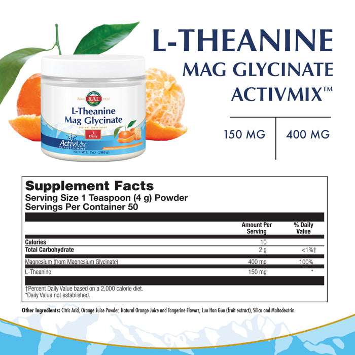 KAL L-Theanine Mag Glycinate ActivMix | Healthy Relaxation, Stress, Mood & Focus Support Drink Powder | Natural Tangerine Flavor | 7 oz | 50 Servings