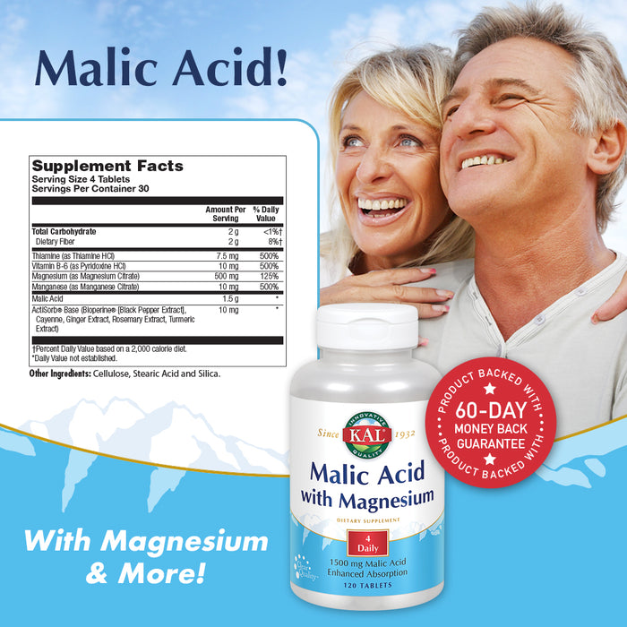 KAL Malic Acid with Magnesium, Thiamine, B-6 & Manganese | Healthy Muscular Energy Support | 30 Servings, 120 Tablets