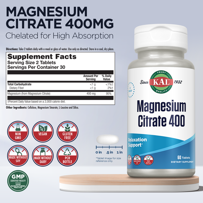 KAL Magnesium Citrate 400mg, Magnesium Supplement for Healthy Muscle Function, Relaxation, Nerve and Circulation Support, Rapid Disintegration ActivTabs, Vegan, Gluten Free, 30 Servings, 60 Tablets