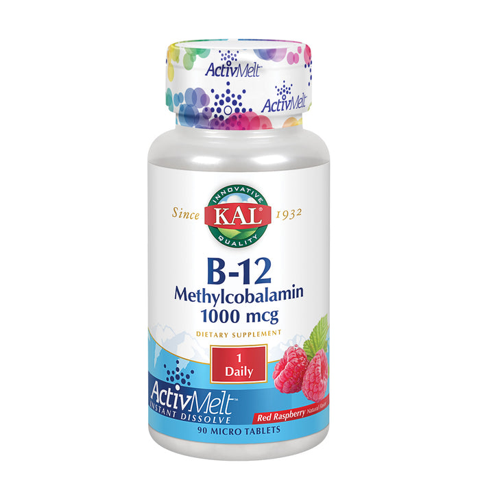 KAL B-12 Methylcobalamin ActivMelt 1000 mcg Natural Raspberry Flavor Healthy Metabolism, Energy, Nerve & Red Blood Cell Support 90 Micro Tablets