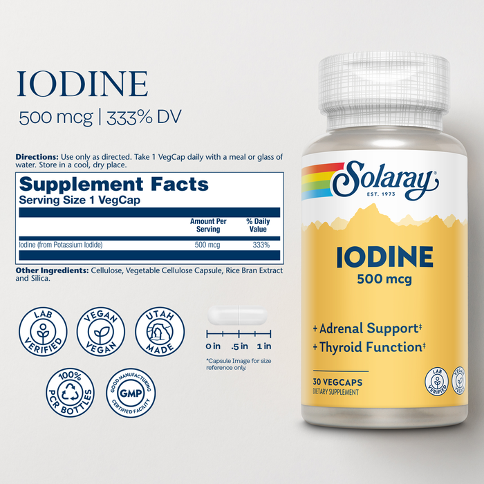 Solaray Iodine 500 mcg, Iodine Supplement for Healthy Adrenal and Thyroid Support, Energy, Metabolism, and Focus, Potassium Iodide, Vegan, 60-Day Money-Back Guarantee, 30 Servings, 30 VegCaps