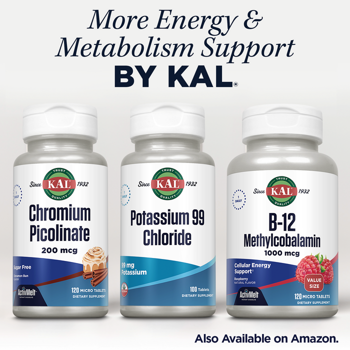 KAL Potassium Chloride 99mg | Nutritive Electrolyte Support for Bones, Heart, Muscles, Nerves | Fast Acting | 100ct