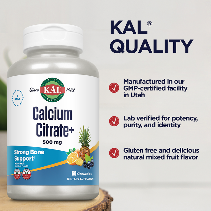 KAL Calcium Citrate + Magnesium & Vitamin D3, Healthy Bones, Teeth, Nerve & Muscle Function Support, Natural Mixed Fruit Flavor, Gluten Free, Lab Verified for Quality, 30 Servings, 60 Chewables