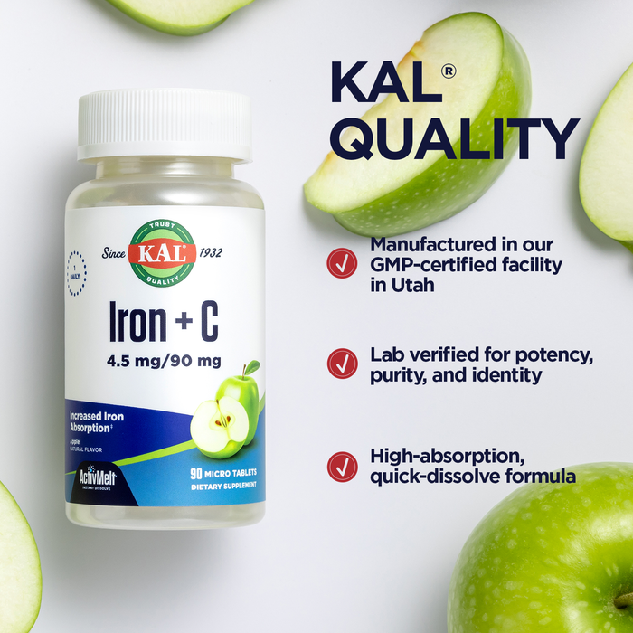 KAL Iron Plus C, Instant Dissolve Iron Supplement for Women and Men, Increased Absorption Iron Pills, Natural Apple Flavor, 60-Day Money-Back Guarantee, GMP Facility, 90 Servings, 90 Micro Tablets