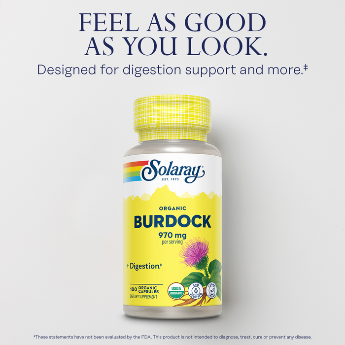 Solaray Organic Burdock Root 970 mg - Digestive Support Supplement - USDA Burdock Root Organic - Vegan, Lab Verified, 60-Day Money-Back Guarantee - 50 Servings, 100 Organic Capsules