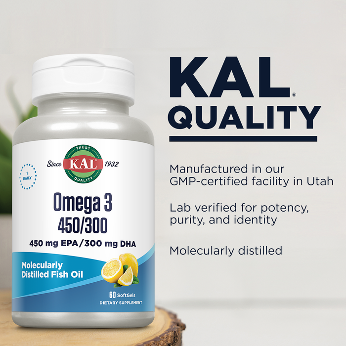 KAL Omega 3 Fish Oil 1,280mg 450/300 EPA DHA Supplements, Eye, Brain, Heart Health and Joint Support Supplement - With Natural Lemon Oil - Molecularly Distilled, 60-Day Guarantee, 30 Serv, 60 Softgels