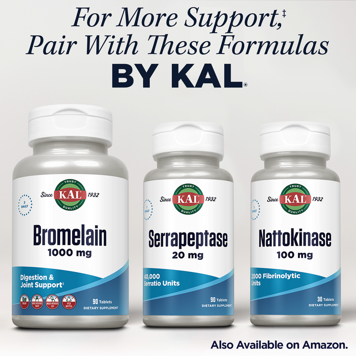 KAL Serrapeptase 20 mg - Proteolytic Digestive Enzymes for Digestive Health Support - 40,000 Serratio Units - Enteric Coated -60-Day Guarantee - 90 Servings, 90 Tablets