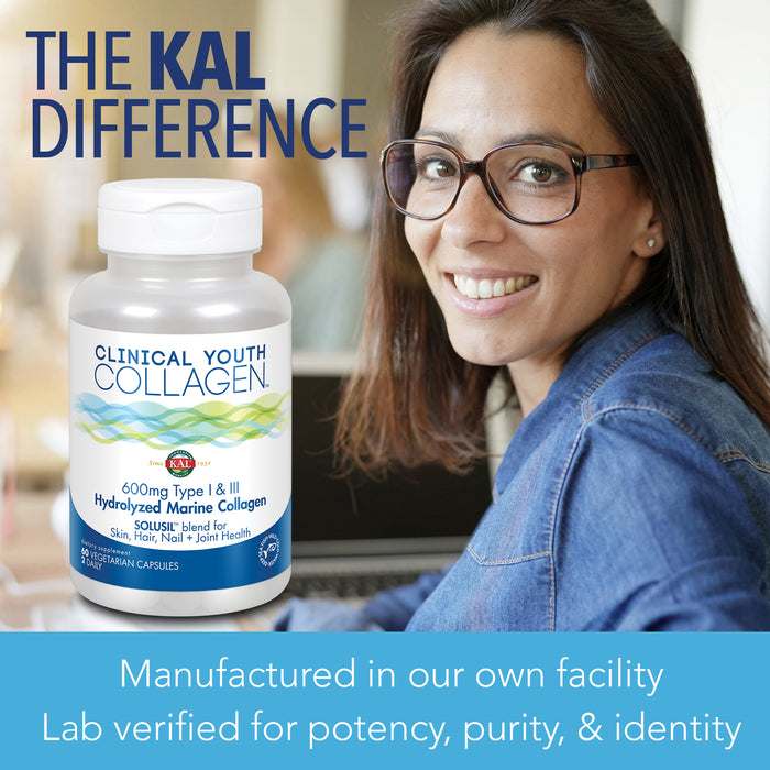 KAL Clinical Youth Collagen | Healthy Skin, Hair, Nail and Joint Support | Hydrolyzed Marine Collagen | 60ct, 30 Serv.