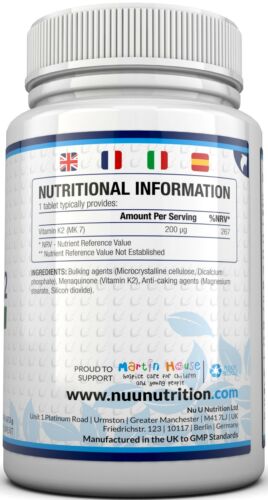 Vitamin K2 MK 7 200mcg - 365 Vegetarian and Vegan Tablets By Nu U Nutrition