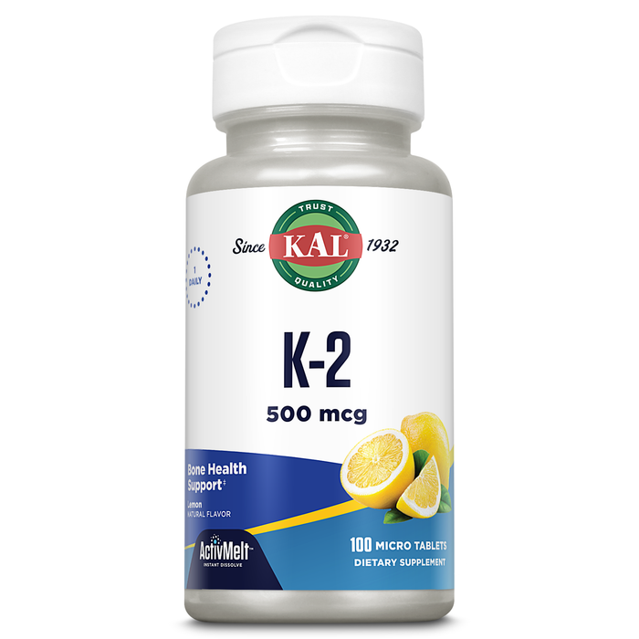 KAL Vitamin K2 500 mcg, Bone, Heart and Artery Health Supplement as Vitamin K2 MK4, Bone Strength and Cardiovascular Function Support, Natural Lemon ActivMelts, Vegetarian, 100 Serv, 100 Micro Tablets