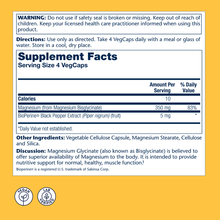 Solaray Magnesium Glycinate, New & Improved Fully Chelated Bisglycinate with BioPerine, High Absorption Formula, Stress, Bones, Muscle & Relaxation Support, 60 Day Guarantee, 68 Servings, 275 VegCaps