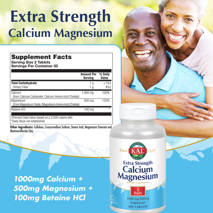 KAL Extra Strength Calcium Magnesium | 1000mg/500mg | Healthy Bones, Teeth, Nerve & Muscle Support | Rapid Disintegration | Vegetarian | 100 Tablets