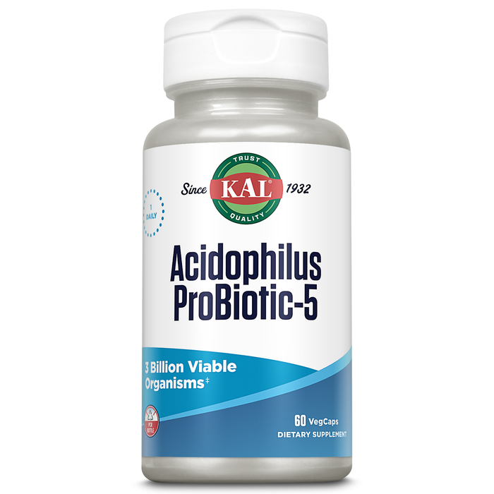 KAL Acidophilus ProBiotic 5, 3 Billion CFUs, Live Culture Probiotics for Women and Men, Five Probiotic Strains for Gut Health Support, Freeze Dried, 60-Day Guarantee, 100 Servings, 100 VegCaps