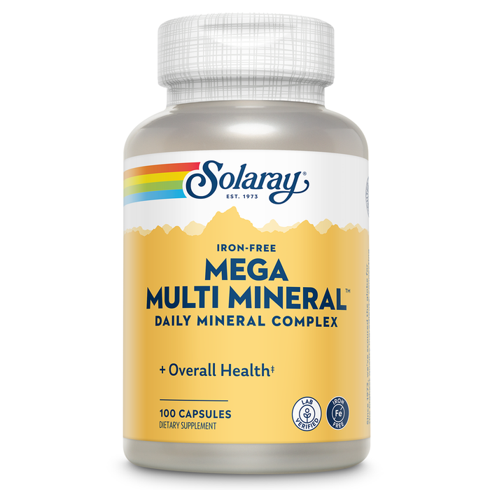 SOLARAY Iron-Free Mega Multi Mineral - Daily Mineral Complex w/ Calcium, Magnesium, Zinc and More, Absorbable Chelated Forms, Energy and Immune Support, 60-Day Guarantee, 50 Servings, 200 Capsules (100 Capsules, 25 Servings)