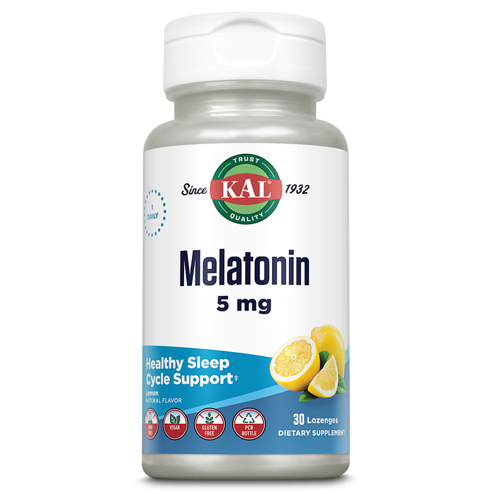 KAL Melatonin 5mg Sleep Aid Lozenges, Melatonin Supplement Supports Sleep Quality and Calming Relaxation with Added Vitamin B6, Vegetarian, Natural Lemon Flavor, 30 Lozenges