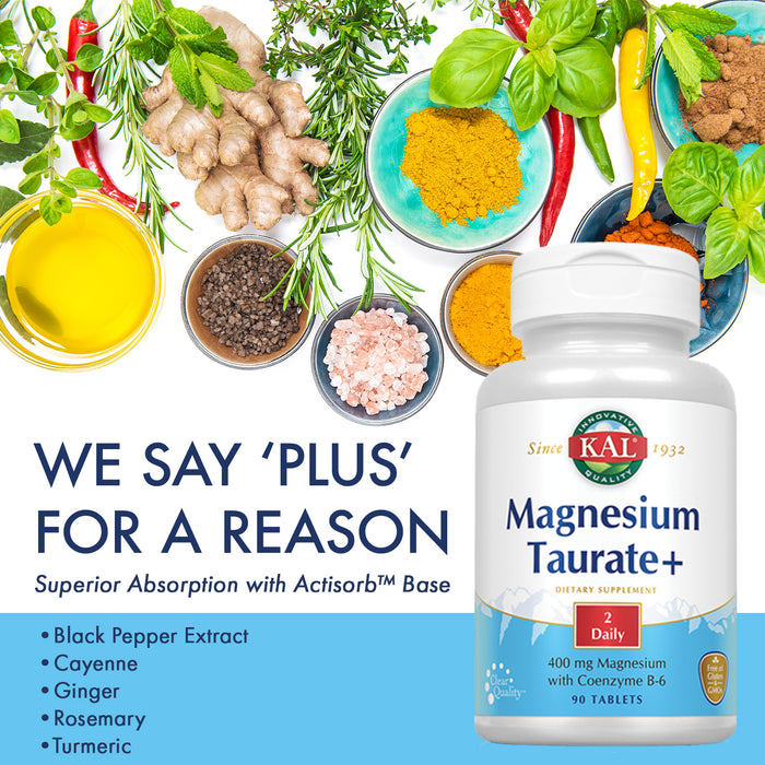 KAL Magnesium Taurate 400mg Plus Vitamin B6, Chelated Magnesium Supplement, High Absorption Magnesium Complex, Muscle and Heart Health Support, Vegan, Gluten Free, 60-Day Guarantee (90 CT, 2pk)