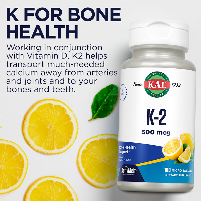 KAL Vitamin K2 500 mcg, Bone, Heart and Artery Health Supplement as Vitamin K2 MK4, Bone Strength and Cardiovascular Function Support, Natural Lemon ActivMelts, Vegetarian, 100 Serv, 100 Micro Tablets