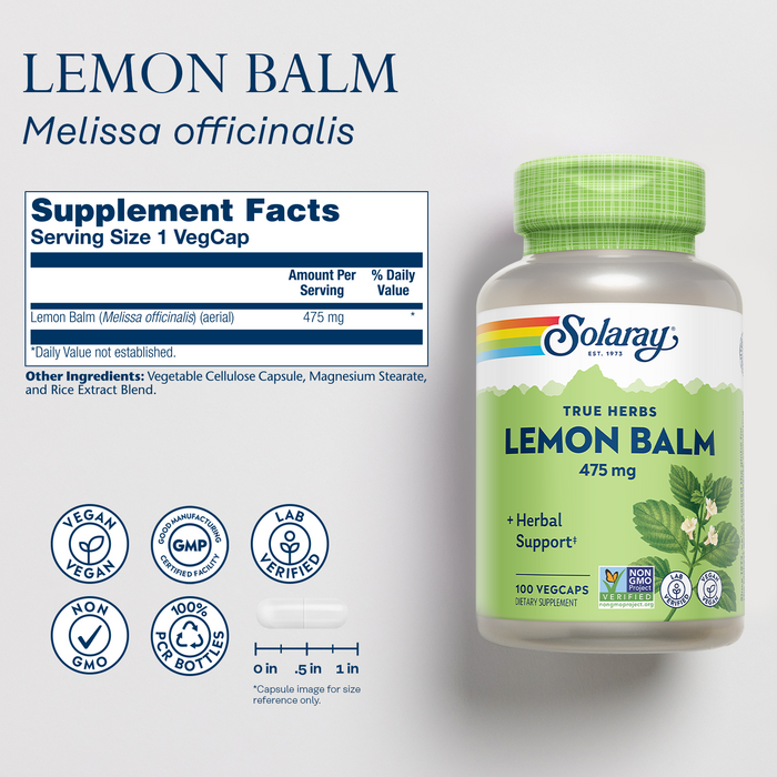 Solaray Lemon Balm Aerial 475 mg - Healthy Mental Calm and Relaxation and Rest Support - Whole Aerial for Full Nutrient Profile - Non-GMO, Vegan - 100 Servings, 100 VegCaps