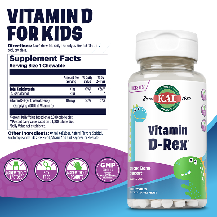 KAL Vitamin D-Rex Chewable, Childrens Vitamins 400 IU D-3, Bubble Gum Flavor, Strong Bone & Immune Support, Lactose/Peanut/Soy Free, 60-Day Guarantee, 90 Servings, 90 Dinosaur Shape Chewables