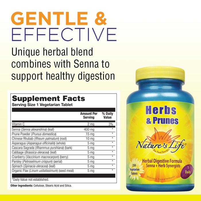 Natures Life Herbs & Prunes | 400mg Senna & Herbal Blend for Healthy Digestion Support | Non-GMO (250 Count (Pack of 1))