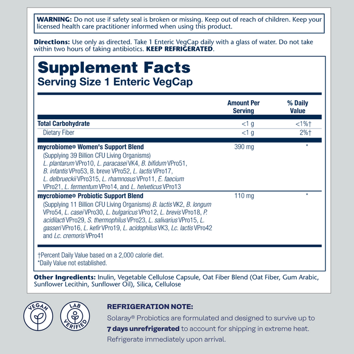 Solaray Mycrobiome Probiotic Women’s Formula, 24 Strains Plus Prebiotic Inulin, Specially Formulated for Women, Digestion, Mood & Urinary Tract Support, 50 Billion CFU, 30 Servings, 30 VegCaps