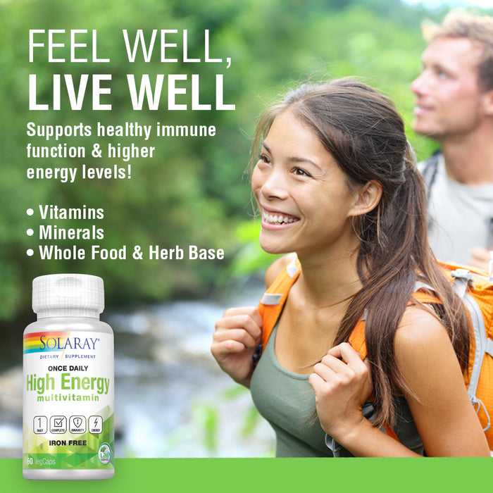 Solaray Once Daily High Energy Multivitamin, Iron Free | Complete Multi w/ Whole Food & Herb Base | Non-GMO | 60 VegCaps